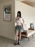 Roba Embossed Pearl Button Short Sleeve Blouse