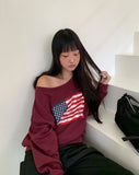 Murhit American Flag Printing One-Off Shoulder Long Sleeve Sweatshirt