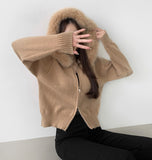 Two-Way Fur Hood Slim Fit Knit Zip-Up