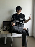 V-in stripe button collar short sleeve knit