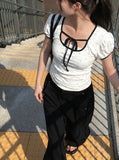 Demin Flower Ribbon Puff Short Sleeve T-Shirt