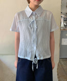 Felnas Stripe Ribbon Short Sleeve Blouse