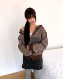 Atil Stripe Two-Way Loose Knit Hooded Zip-Up