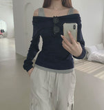 Drape Off-Shoulder Knit Layered Fake Layered T-shirt