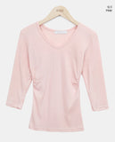 Neilon V-neck Side Shirring Three-Quarter T-shirt