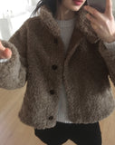 Merve Fluffy Fur Button High Neck Short Jacket