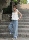 Wet Light Blue Washing Wide Denim Pants