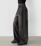 Side Tape Cut Line Brushed Balloon Wide Denim Pants