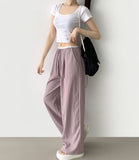 Rustling Color Matching Ice Wide Slacks Banding Pants