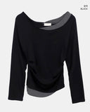 Elan Color Matching Shirring One-Shoulder Long-Sleeve T-Shirt