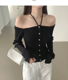 Off-shoulder Ribbed Knit Strap Set Cardigan