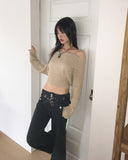 Shume Punching Openwork String Off-Shoulder Knit