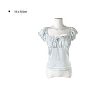Deto Shirring Heart Neck Lace Ribbon Short Sleeve T-Shirt