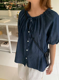 Demins Ribbon Button Denim Short Sleeve Blouse