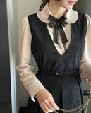 Collard V-neck Pintuck Pleats Long One Piece (belt set)