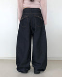 DB Studded Chin Pocket Balloon Fit Wide Denim Long Pants