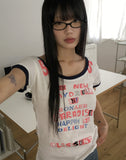 Fleet Off-Shoulder Lettering Print Ringer Color Matching Short Sleeve T-Shirt