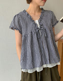 Qubin Layered Check Frill Short Sleeve Blouse