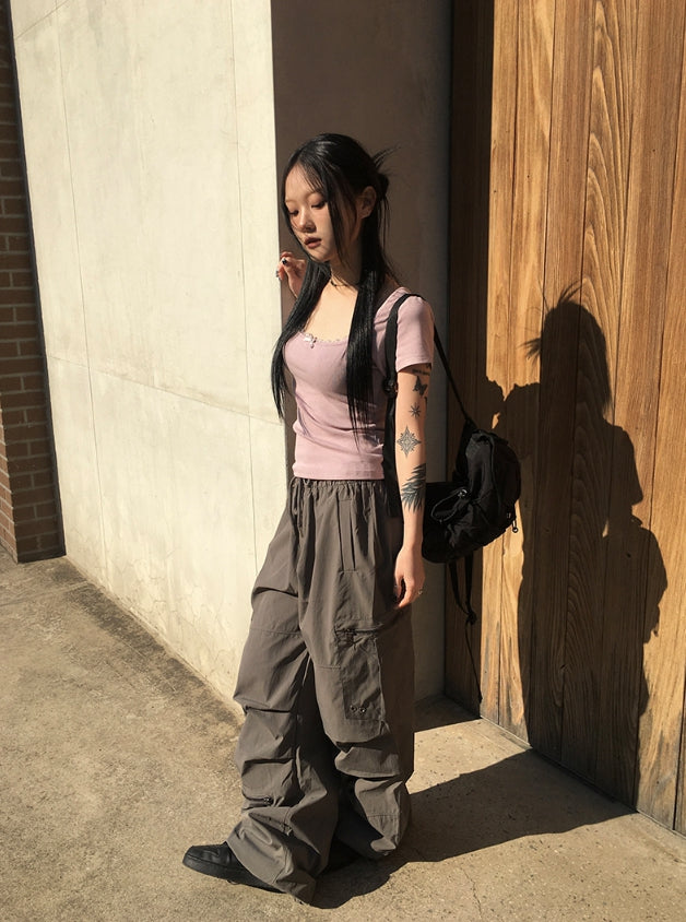 【Anyone more】Bruck Nylon Cargo Wide Banding Pants Anyone more (エニワンモア) - ブラックナイロンカーゴワイド