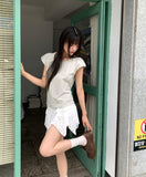 Daken Lace Tiered Ribbon Shirring Flare Mini Skirt