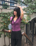 Dyeing V-neck Ribbon See-through Short Sleeve T-shirt