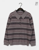 Woven Stripe Button Collar Knit