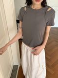 Picto Layered Shoulder Slit Short Sleeve T-Shirt