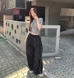 Rustling Folding Vertical Color Matching Stripe Two-Way Wide Jogger Banding Pants