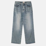 Crystal lettering washed denim pants