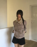 Tokin Ribbed High Neck Shirring Diagonal Zipper Zip-up