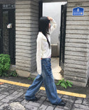 Boa Stud Eyelet Pocket Wide Fit Washed Denim Long Pants