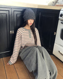 Hira Round Henley Neck Button Stripe Knit