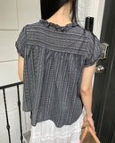 Hichu Stripe Frill Lace Ribbon Short Sleeve Blouse