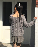 Unz Ribbon String Off-Shoulder Loose Fit Cable Knit