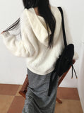 Soco Knitwear Color Matching Angora Fur Button Hood Cardigan
