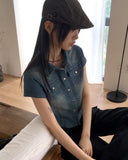 Markle pocket slim washed denim cropped short-sleeved shirt