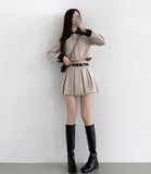 Tweed Two-Piece Crop Jacket Belt Mini Skirt Pants Set