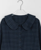 Cordent Check Round Collar Frill Long Sleeve Blouse