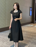 Nedel Square Neck Tweed Flare Long One Piece