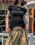 Star shirring strap two-way boat neck short sleeve