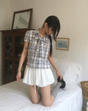 [MADE/TieSET] Canding Check Tie Collar Puff Short Sleeve Shirt Blouse