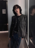 Cape round pocket leather jacket