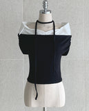 [Strap set] Mille Shirt Layered Off-Shoulder Shirring Knit