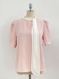 Kain Puff Color Matching Tie-Neck Short Sleeve Blouse