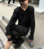 Shoulder Patch V-neck Semi Crop Knit