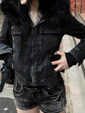 Black Fur Crop Denim Jacket