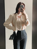Evette Pearl Tie Puff Blouse