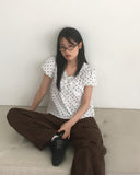 Newon Dot Lace Ribbon Short Sleeve Blouse