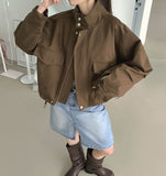 High-Neck Button Zipper Bomber String Jacket