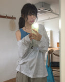Dre Stripe Summer Button Off-Shoulder Long Sleeve Tee